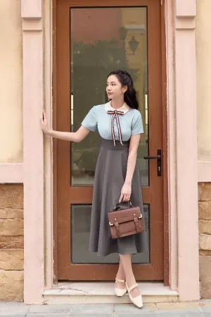 Váy Đầm Thiết Kế Nữ Cổ Sen Phối Nơ Ngắn Tay Chiết Eo Màu Xanh Xám Công Sở SOLEIL - Diana Dress VD06