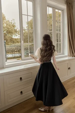 Váy Nữ Tay Bồng Thiết Kế Dáng Dài SOLEIL Cổ Điển Phối Nơ Đá Thắt Eo Tiểu Thư - LÉNA DRESS VD24