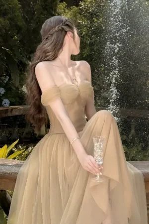 Váy Đầm Thiết Kế Nữ Trễ Vai Dáng Dài Xòe Tay Lửng Phối Lưới Tiểu Thư SOLEIL - Marigold Dress VD13