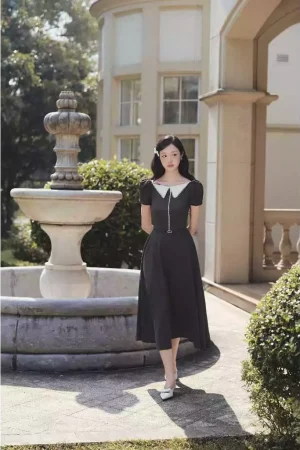 Đầm Nữ Dáng Dài, Tay Bồng Cổ Sen Trắng Phối Nơ SOLEIL - Auri Dress VD153